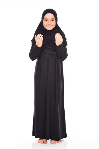 Pratik Başörtülü Tek Parça Kız Çocuk Namaz Elbisesi 9-11 Yaş Siyah - ihvanonline (1)