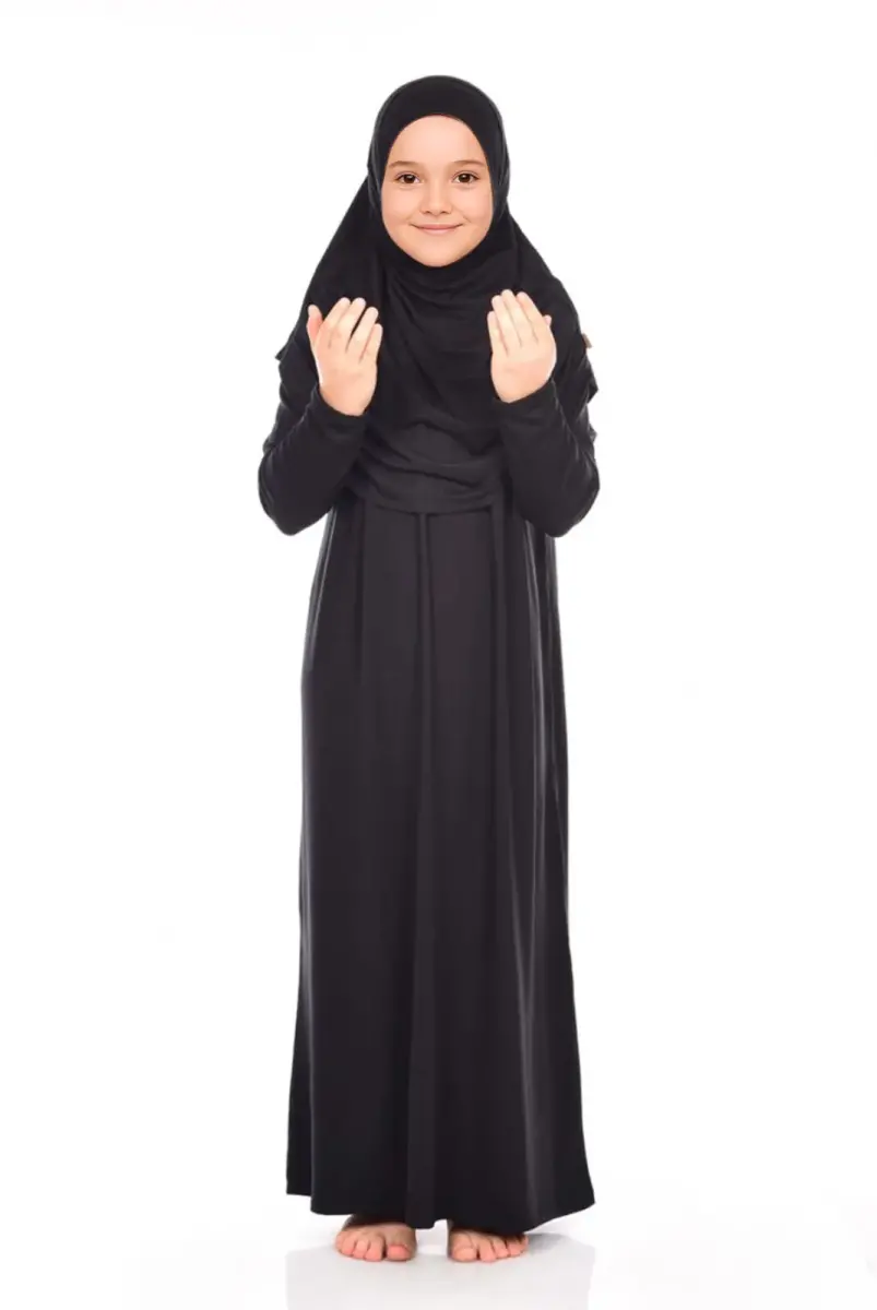 Pratik Başörtülü Tek Parça Kız Çocuk Namaz Elbisesi 9-11 Yaş Siyah - 2