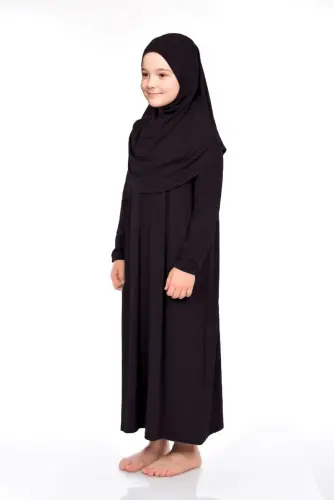 Pratik Başörtülü Tek Parça Kız Çocuk Namaz Elbisesi 9-11 Yaş Siyah - 3