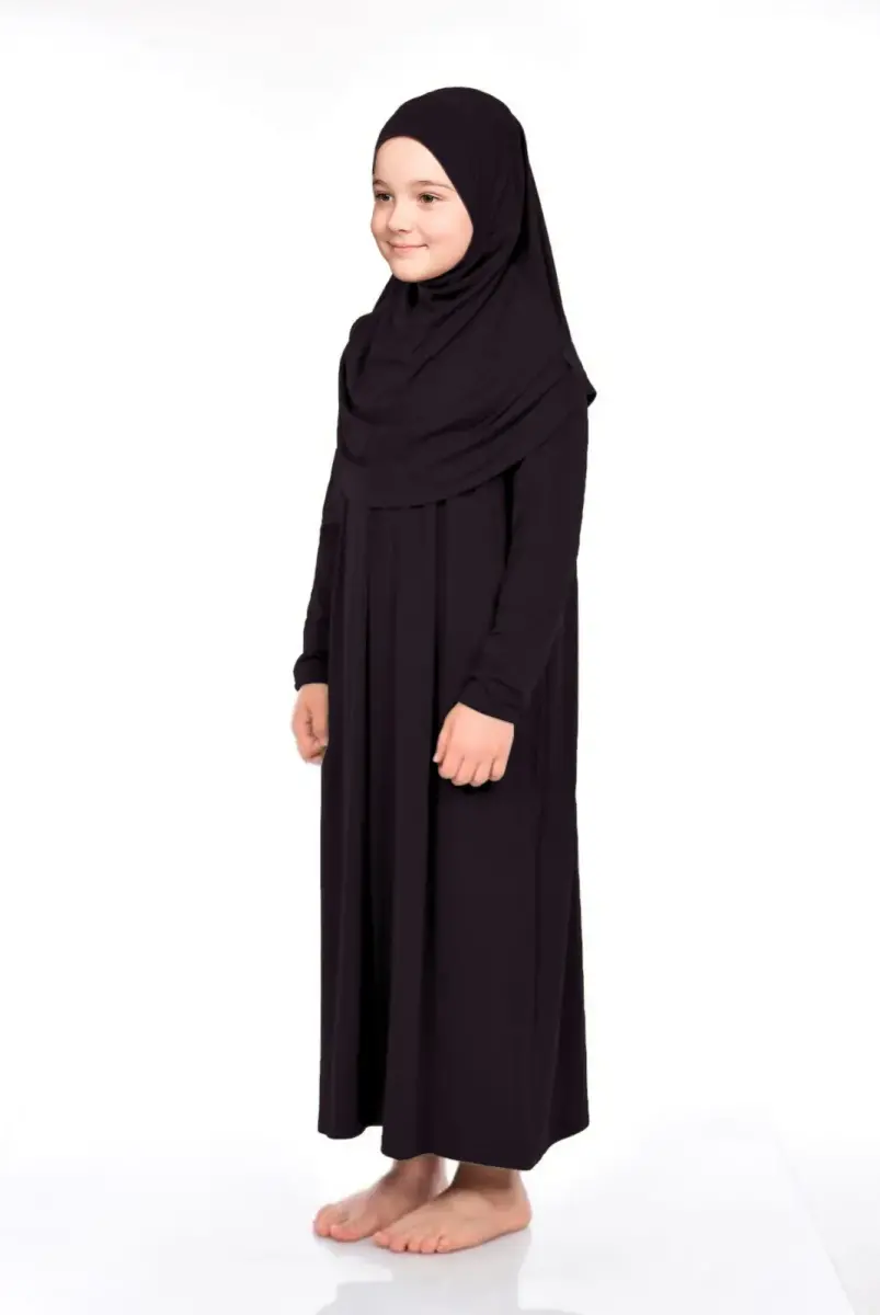 Pratik Başörtülü Tek Parça Kız Çocuk Namaz Elbisesi 9-11 Yaş Siyah - 3