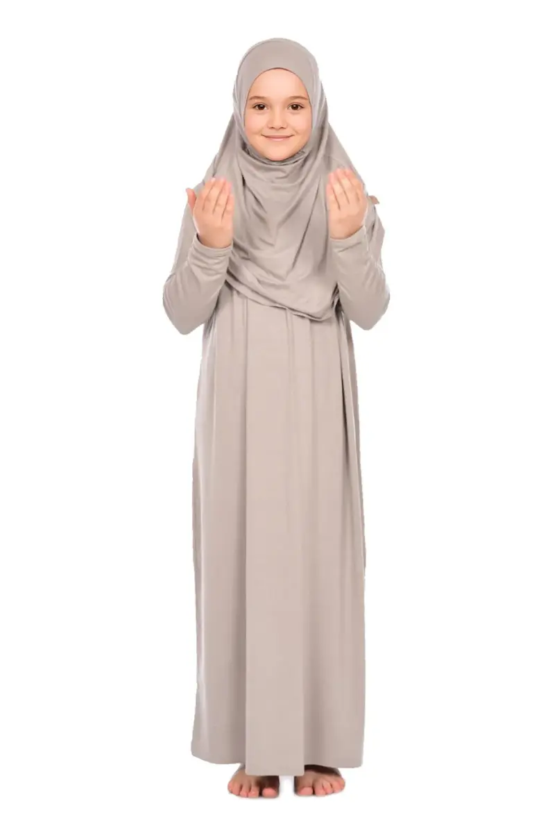 Pratik Başörtülü Tek Parça Kız Çocuk Namaz Elbisesi 9-11 Yaş Vizon - 1
