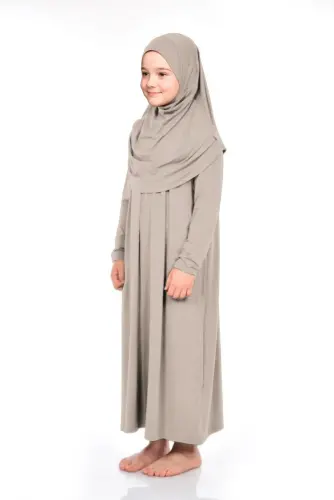 Pratik Başörtülü Tek Parça Kız Çocuk Namaz Elbisesi 9-11 Yaş Vizon - 3