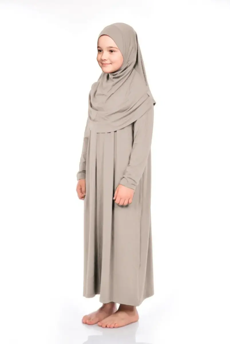 Pratik Başörtülü Tek Parça Kız Çocuk Namaz Elbisesi 9-11 Yaş Vizon - 3