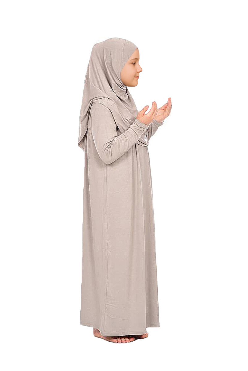 Pratik Başörtülü Tek Parça Kız Çocuk Namaz Elbisesi 9-11 Yaş Vizon - 2