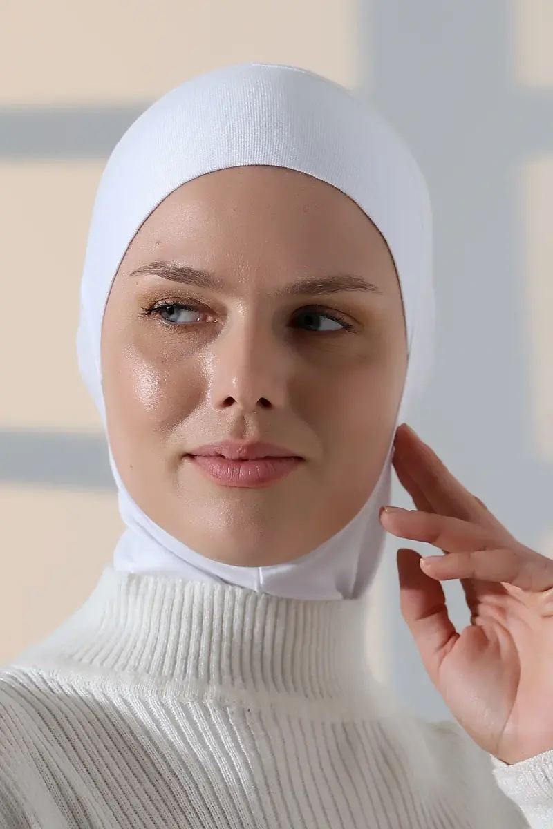 Pratik Boyunluklu Geçmeli Büyük Tesettür Bone - Beyaz - 5