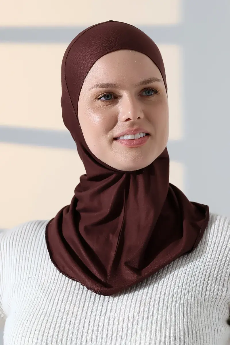 Pratik Boyunluklu Geçmeli Büyük Tesettür Bone - Kahve - 3