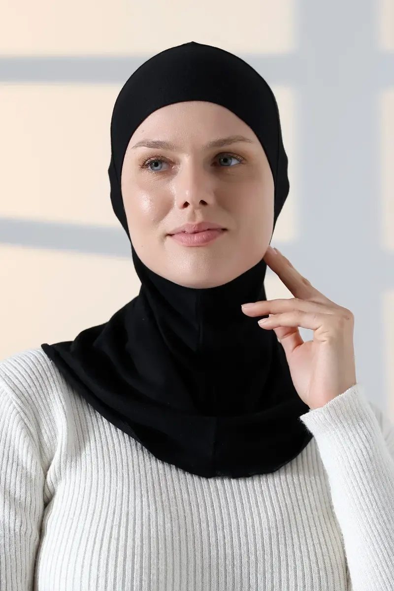 Pratik Boyunluklu Geçmeli Büyük Tesettür Bone - Siyah - 1