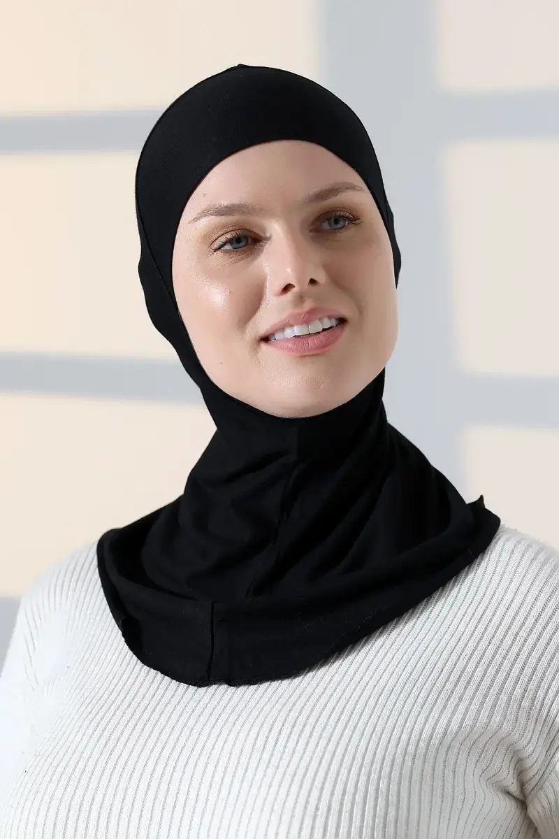 Pratik Boyunluklu Geçmeli Büyük Tesettür Bone - Siyah - 2