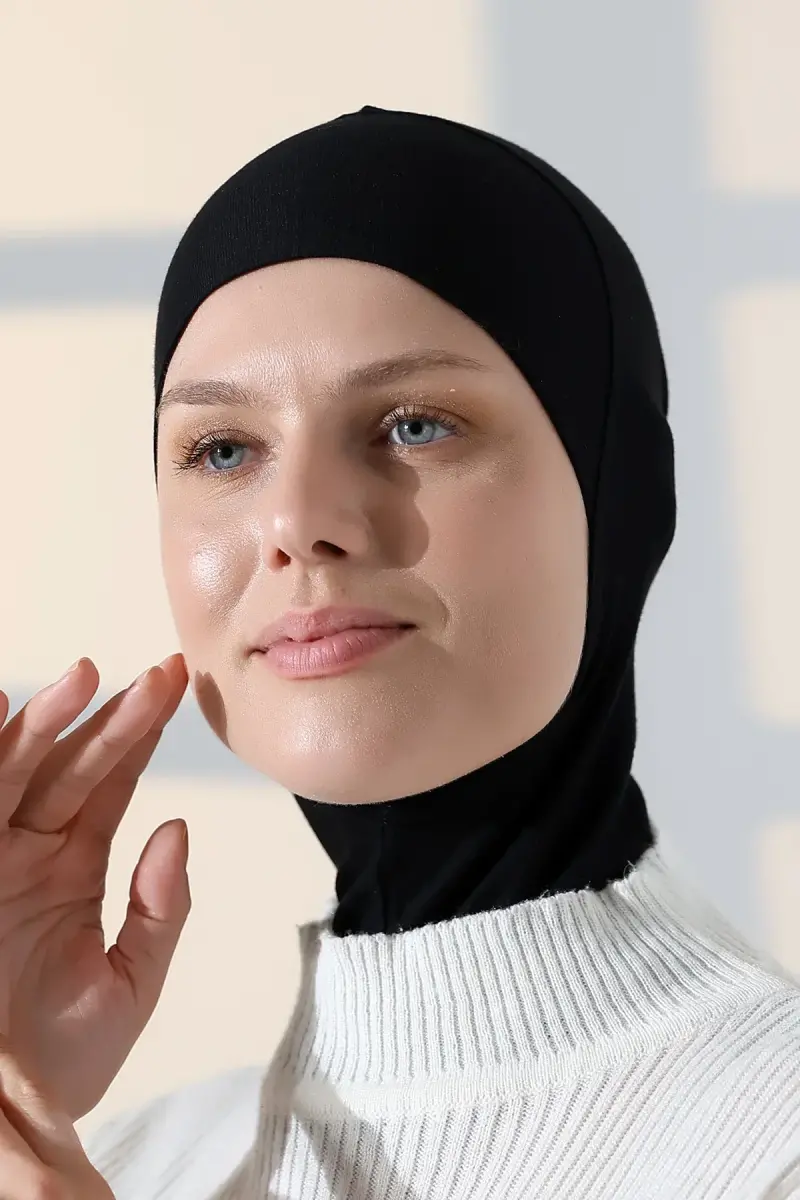Pratik Boyunluklu Geçmeli Büyük Tesettür Bone - Siyah - 5