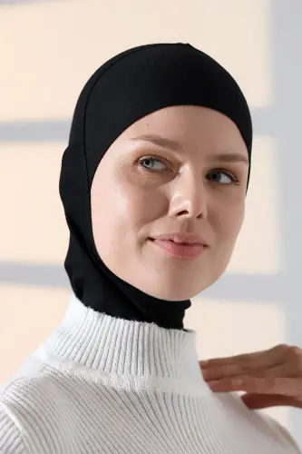 Pratik Boyunluklu Geçmeli Büyük Tesettür Bone - Siyah - 6