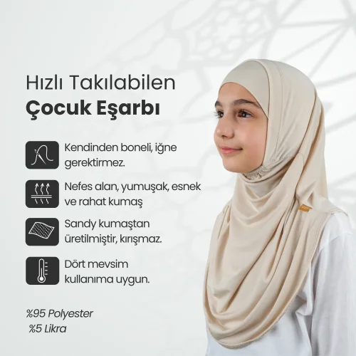 Pratik Hazır Geçmeli Boneli Çocuk Şal Bej - 7