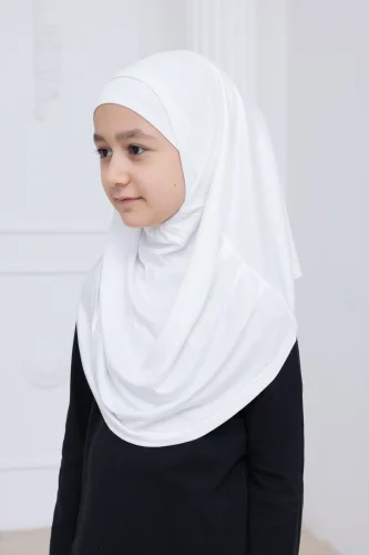 Pratik Hazır Geçmeli Çocuk Şal, Kendinden Boneli Lastikli Hijab Başörtü Beyaz - 2