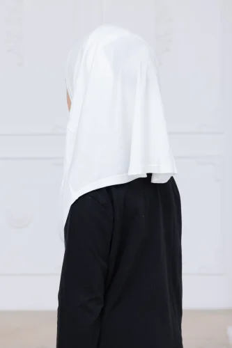 Pratik Hazır Geçmeli Çocuk Şal, Kendinden Boneli Lastikli Hijab Başörtü Beyaz - 6