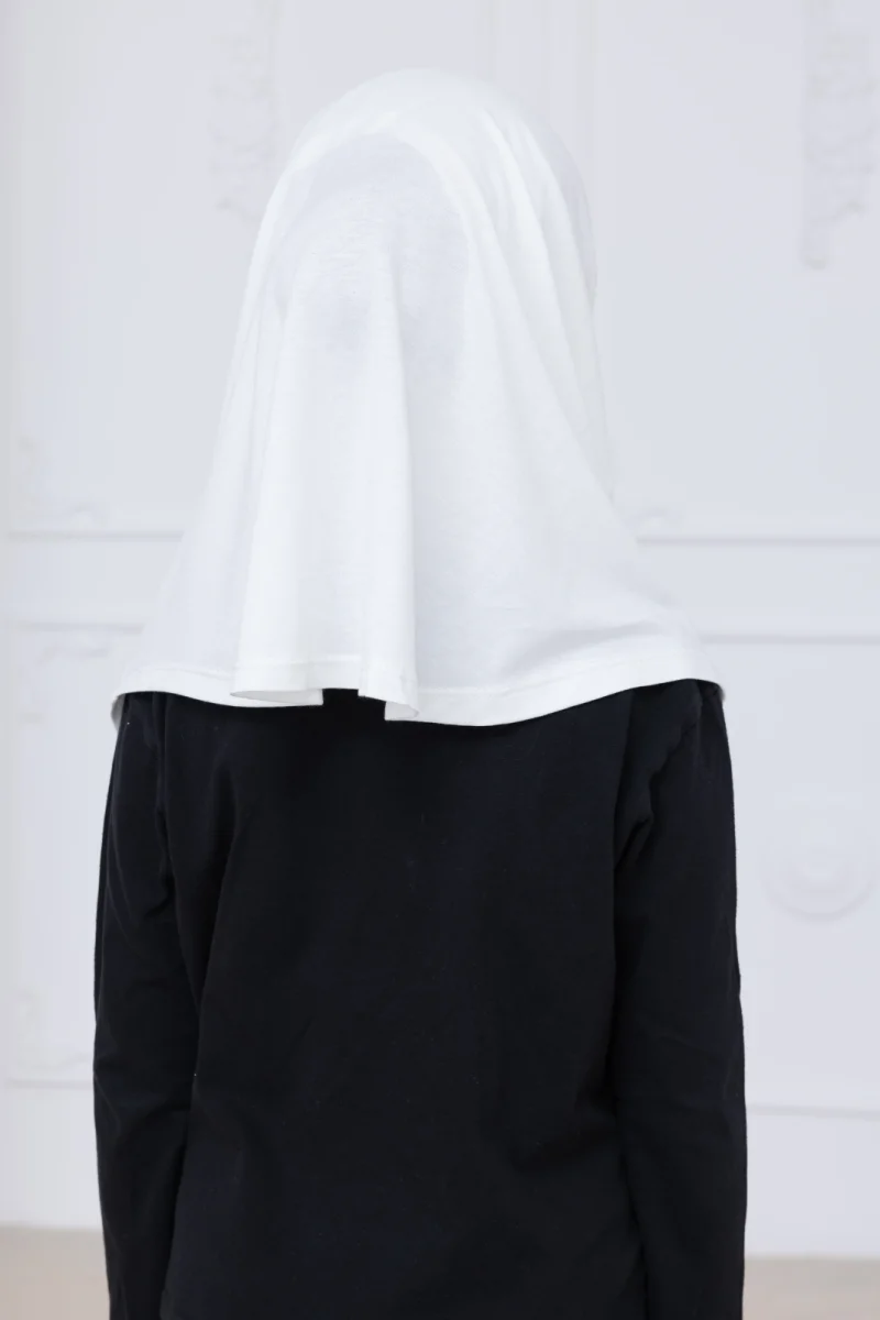 Pratik Hazır Geçmeli Çocuk Şal, Kendinden Boneli Lastikli Hijab Başörtü Beyaz - 7