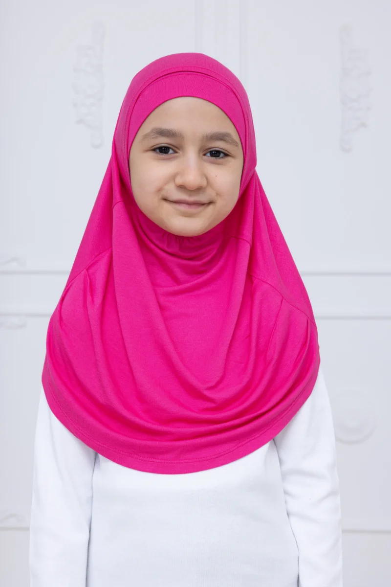 Pratik Hazır Geçmeli Çocuk Şal, Kendinden Boneli Lastikli Hijab Başörtü Fuşya - 2