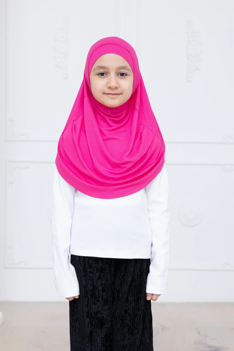 Pratik Hazır Geçmeli Çocuk Şal, Kendinden Boneli Lastikli Hijab Başörtü Fuşya - 3