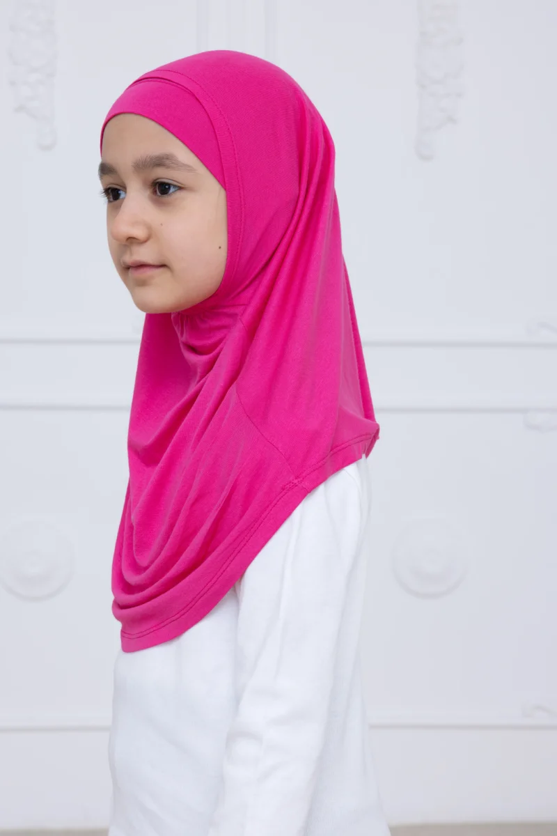 Pratik Hazır Geçmeli Çocuk Şal, Kendinden Boneli Lastikli Hijab Başörtü Fuşya - 4