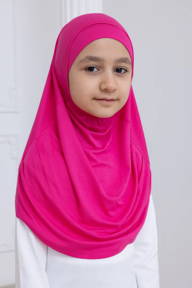 Pratik Hazır Geçmeli Çocuk Şal, Kendinden Boneli Lastikli Hijab Başörtü Fuşya - 6