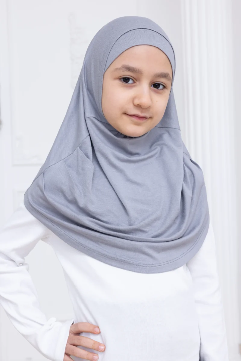 Pratik Hazır Geçmeli Çocuk Şal, Kendinden Boneli Lastikli Hijab Başörtü Gri - 1