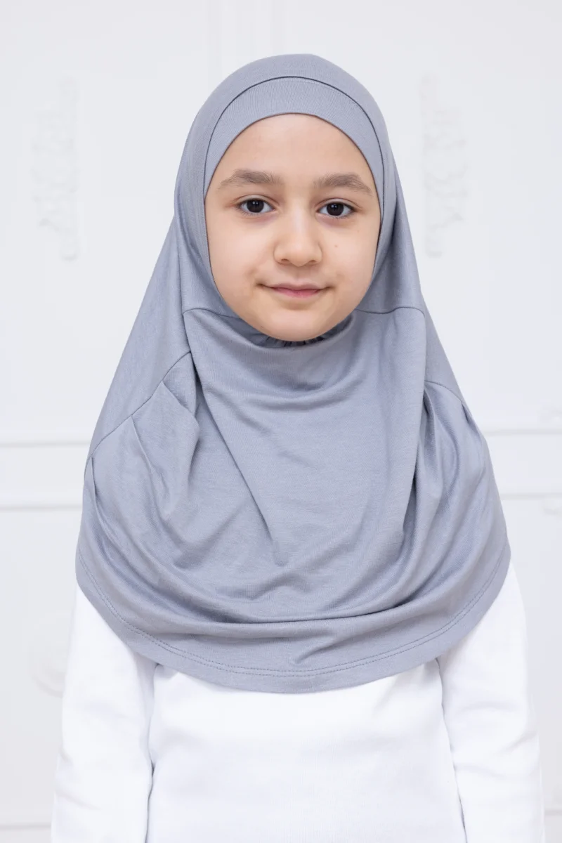 Pratik Hazır Geçmeli Çocuk Şal, Kendinden Boneli Lastikli Hijab Başörtü Gri - 2