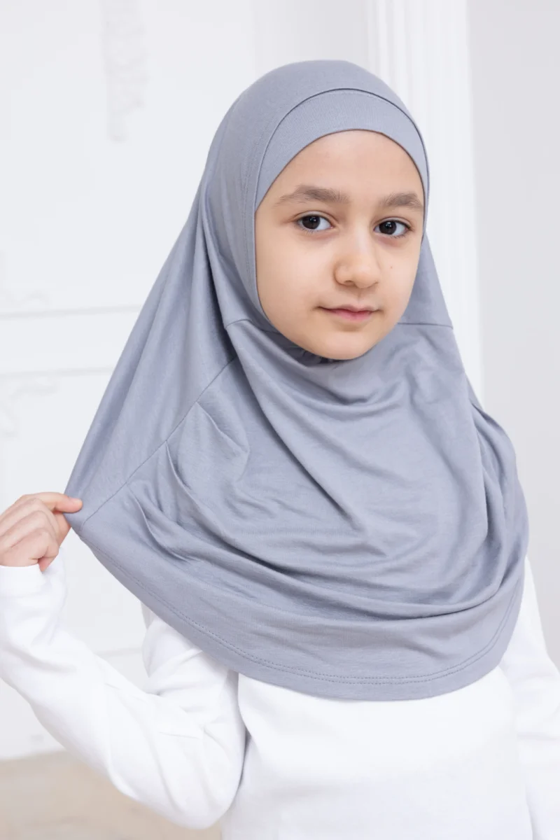 Pratik Hazır Geçmeli Çocuk Şal, Kendinden Boneli Lastikli Hijab Başörtü Gri - 4