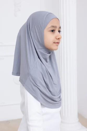 Pratik Hazır Geçmeli Çocuk Şal, Kendinden Boneli Lastikli Hijab Başörtü Gri - 5