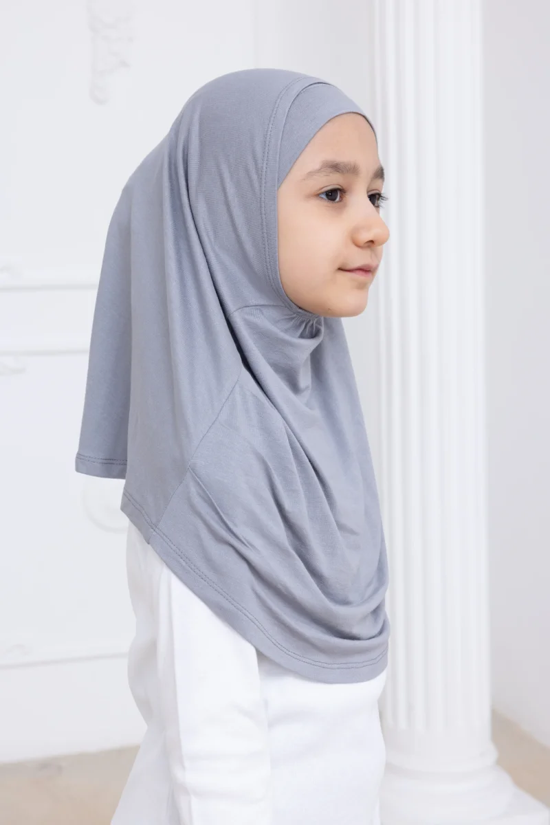 Pratik Hazır Geçmeli Çocuk Şal, Kendinden Boneli Lastikli Hijab Başörtü Gri - 5
