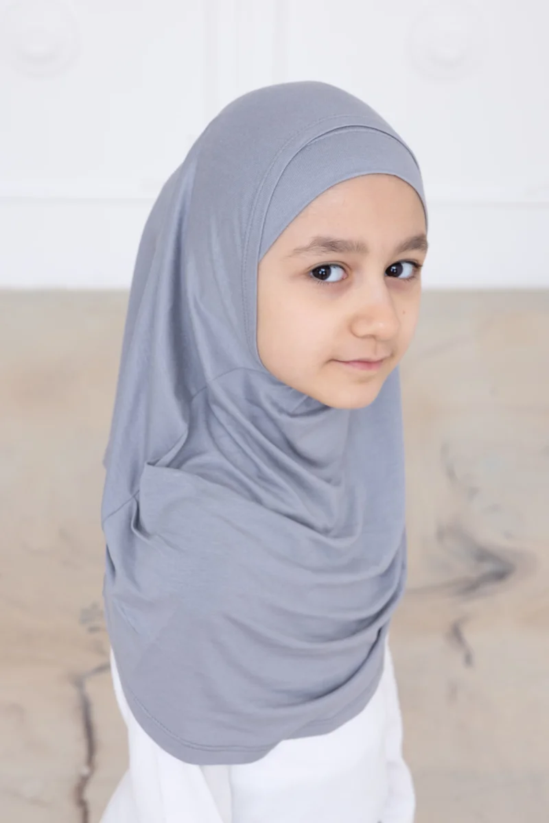 Pratik Hazır Geçmeli Çocuk Şal, Kendinden Boneli Lastikli Hijab Başörtü Gri - 6