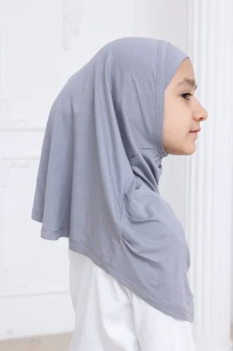 Pratik Hazır Geçmeli Çocuk Şal, Kendinden Boneli Lastikli Hijab Başörtü Gri - 7