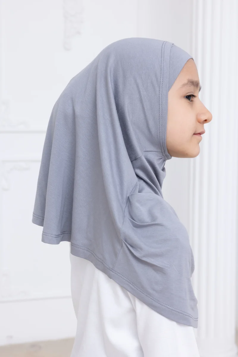 Pratik Hazır Geçmeli Çocuk Şal, Kendinden Boneli Lastikli Hijab Başörtü Gri - 7