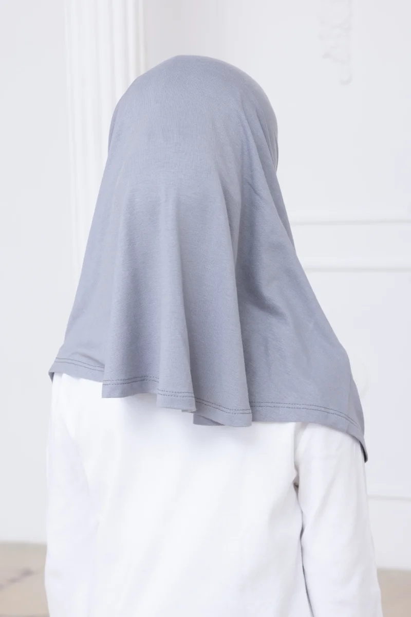 Pratik Hazır Geçmeli Çocuk Şal, Kendinden Boneli Lastikli Hijab Başörtü Gri - 8