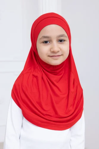 Pratik Hazır Geçmeli Çocuk Şal, Kendinden Boneli Lastikli Hijab Başörtü Kırmızı 