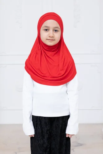 Pratik Hazır Geçmeli Çocuk Şal, Kendinden Boneli Lastikli Hijab Başörtü Kırmızı - 3