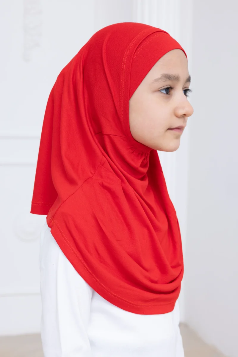 Pratik Hazır Geçmeli Çocuk Şal, Kendinden Boneli Lastikli Hijab Başörtü Kırmızı - 4