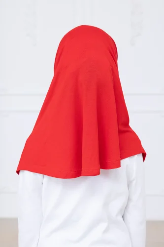 Pratik Hazır Geçmeli Çocuk Şal, Kendinden Boneli Lastikli Hijab Başörtü Kırmızı - 5