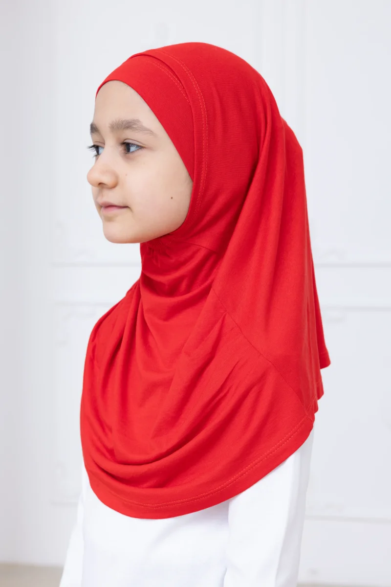 Pratik Hazır Geçmeli Çocuk Şal, Kendinden Boneli Lastikli Hijab Başörtü Kırmızı - 6