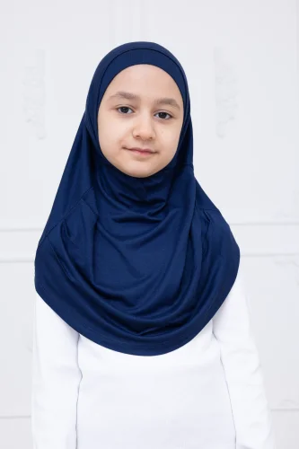 Pratik Hazır Geçmeli Çocuk Şal, Kendinden Boneli Lastikli Hijab Başörtü Lacivert - 2