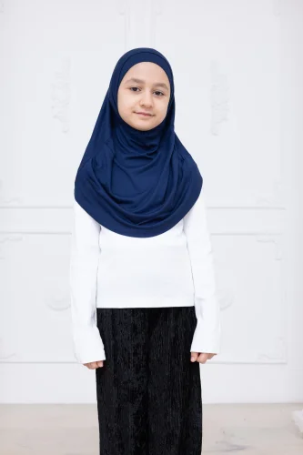 Pratik Hazır Geçmeli Çocuk Şal, Kendinden Boneli Lastikli Hijab Başörtü Lacivert - 3