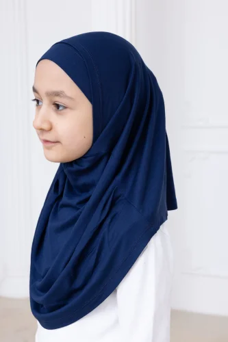 Pratik Hazır Geçmeli Çocuk Şal, Kendinden Boneli Lastikli Hijab Başörtü Lacivert - 4