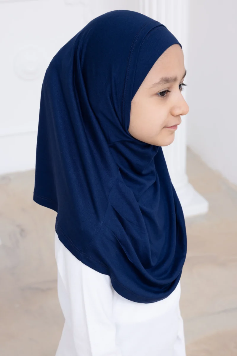 Pratik Hazır Geçmeli Çocuk Şal, Kendinden Boneli Lastikli Hijab Başörtü Lacivert - 5