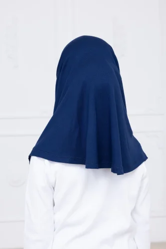 Pratik Hazır Geçmeli Çocuk Şal, Kendinden Boneli Lastikli Hijab Başörtü Lacivert - 8