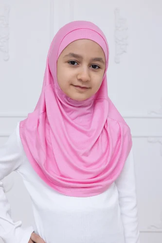 Pratik Hazır Geçmeli Çocuk Şal, Kendinden Boneli Lastikli Hijab Başörtü Pembe 