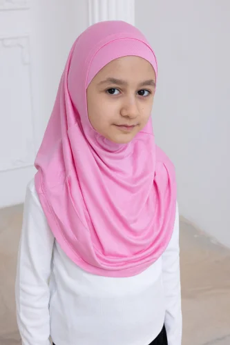 Pratik Hazır Geçmeli Çocuk Şal, Kendinden Boneli Lastikli Hijab Başörtü Pembe - 2