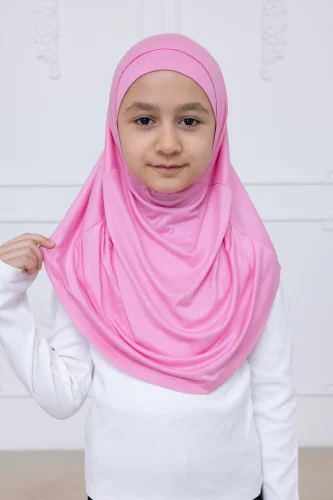 Pratik Hazır Geçmeli Çocuk Şal, Kendinden Boneli Lastikli Hijab Başörtü Pembe - 3
