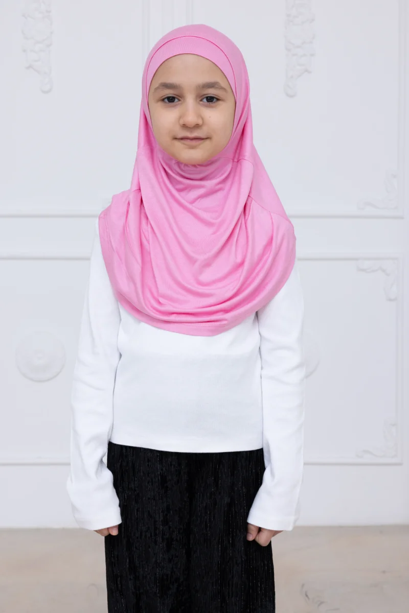 Pratik Hazır Geçmeli Çocuk Şal, Kendinden Boneli Lastikli Hijab Başörtü Pembe - 4