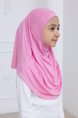 Pratik Hazır Geçmeli Çocuk Şal, Kendinden Boneli Lastikli Hijab Başörtü Pembe - 5