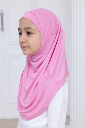 Pratik Hazır Geçmeli Çocuk Şal, Kendinden Boneli Lastikli Hijab Başörtü Pembe - 6