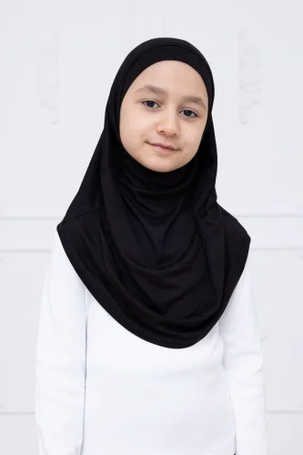 Pratik Hazır Geçmeli Çocuk Şal, Kendinden Boneli Lastikli Hijab Başörtü Siyah - 1