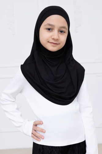 Pratik Hazır Geçmeli Çocuk Şal, Kendinden Boneli Lastikli Hijab Başörtü Siyah - ihvanonline (1)