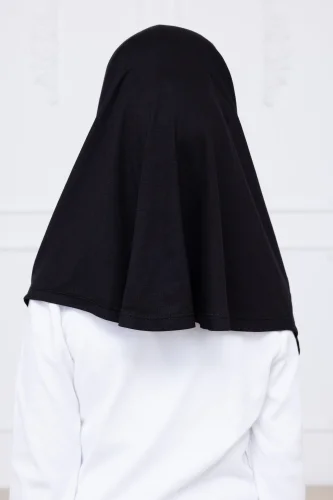 Pratik Hazır Geçmeli Çocuk Şal, Kendinden Boneli Lastikli Hijab Başörtü Siyah - 5